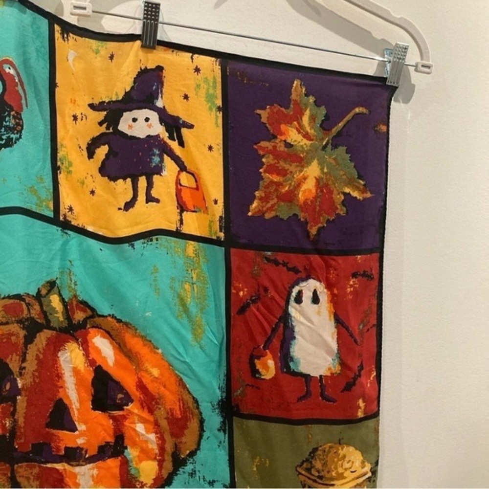 Halloween Patchwork Pumpkin Scarf - Turquoise, Orange, Purple - Picture 4 of 7